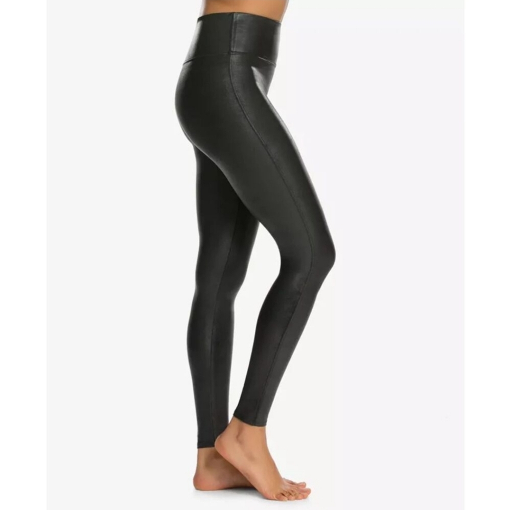 Spanx faux leather shiny black leggings size medium